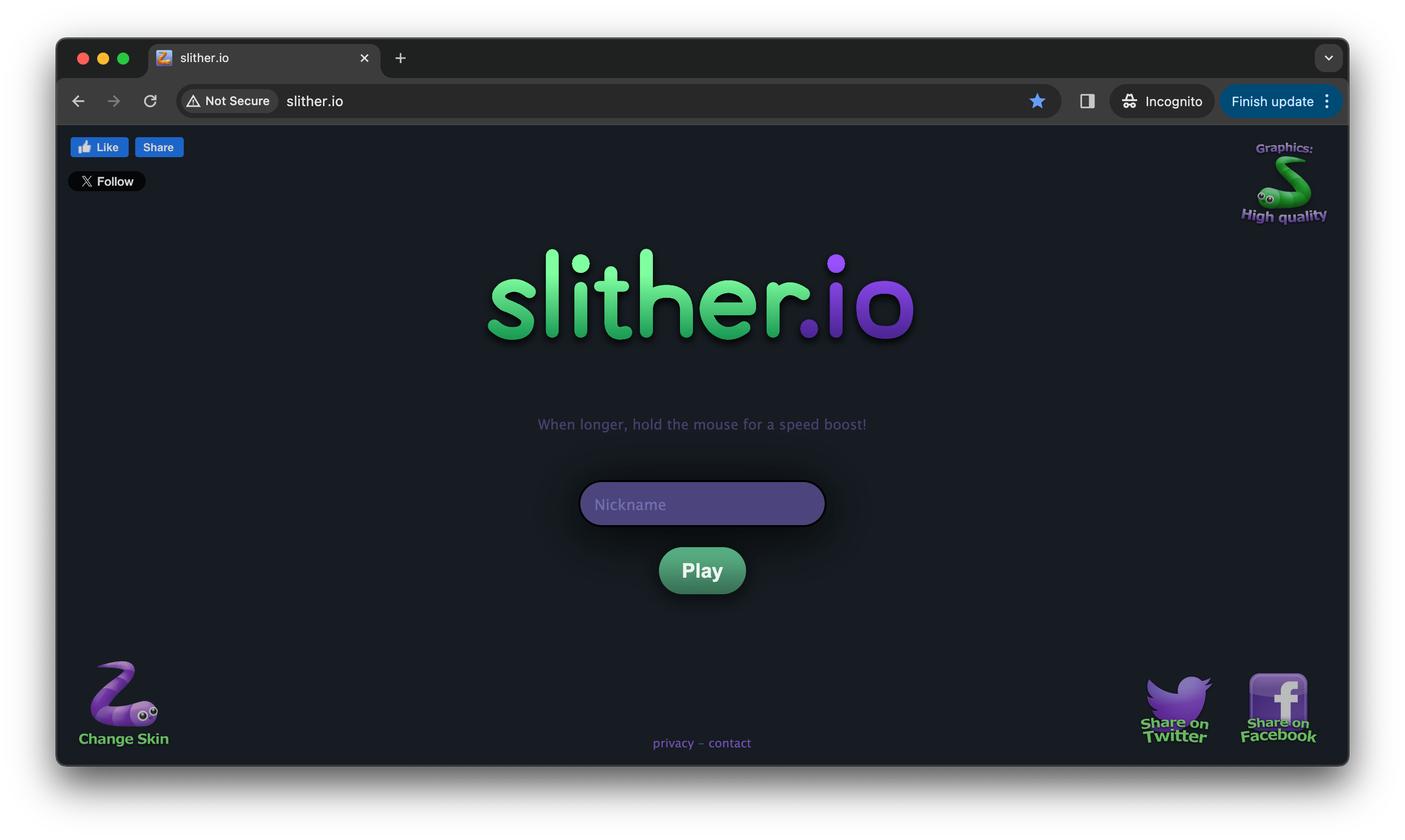 Screenshot of the famous Slither.io website